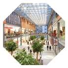 Image taken inside a shopping mall. There are lots of people walking around going to stores, buying things and consuming food and beverages. There are two floors with shops and boutiques. The ceiling is glass. The architecture is very modern and new and the general feel of the images is bright, clean, safe and positive.