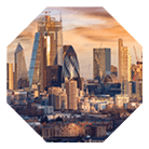 Sunrise over the urban skyline of the City of London, UK, financial district and hub of banking institutions