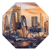 Sunrise over the urban skyline of the City of London, UK, financial district and hub of banking institutions