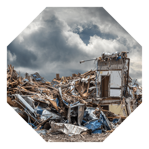 Urban area ruined by tornadoes or war.