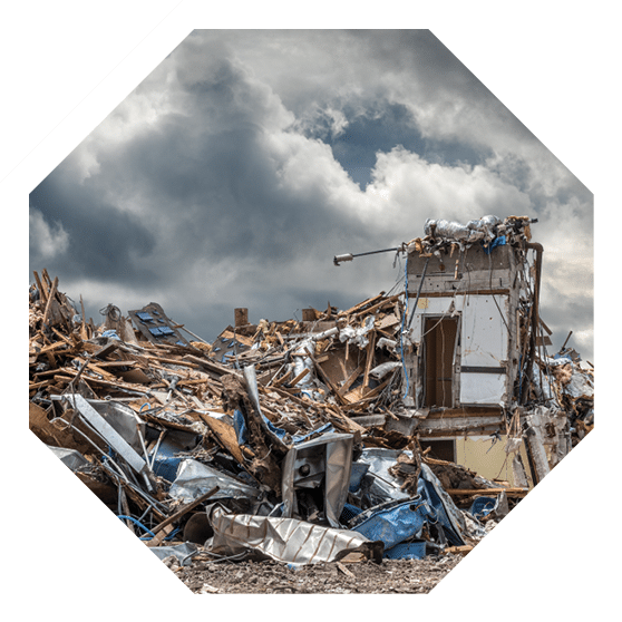 Urban area ruined by tornadoes or war.