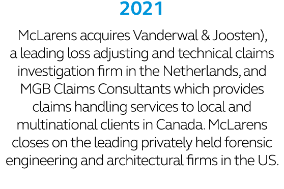 2021 McLarens acquires Vanderwal & Joosten), a leading loss adjusting and technical claims investigation firm in the ...